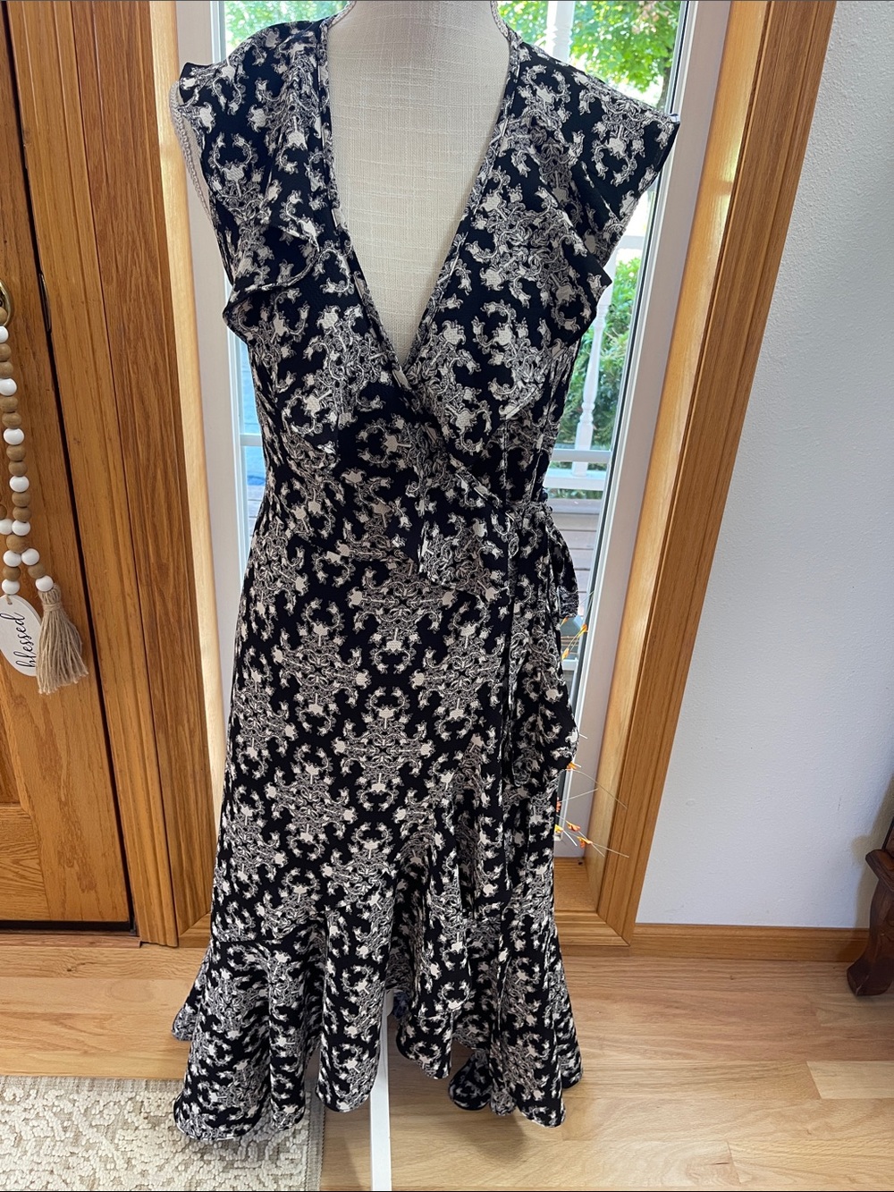 Max Studio Black and White Floral Wrap Dress with Ruffle Hem